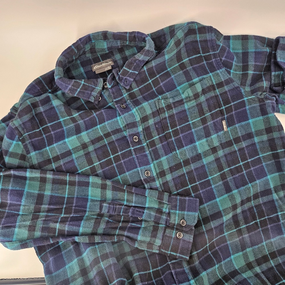 Eddie Bauer Mens XL Shirt Cotton Plaid Flannel Navy Green Classic Outdoor